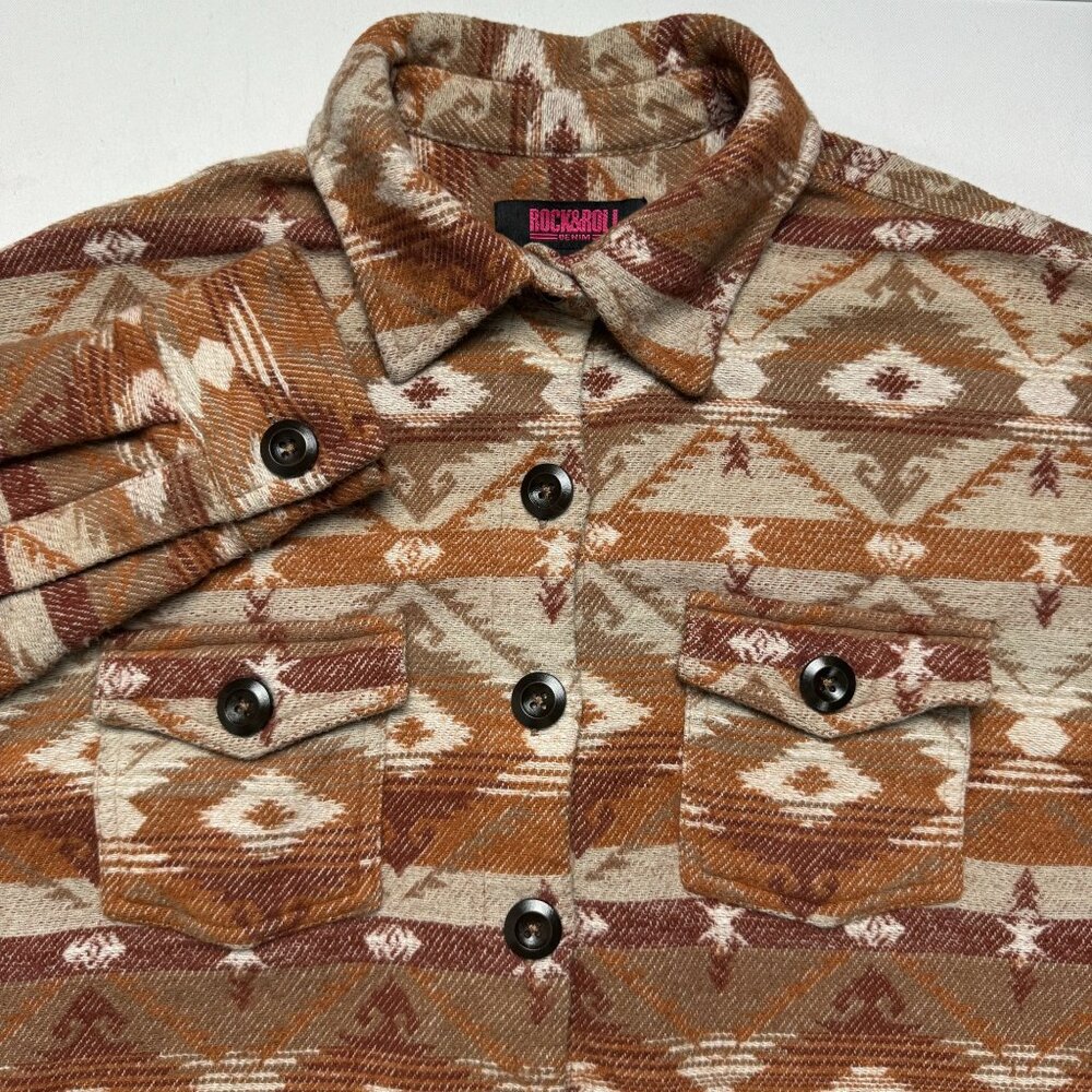 Rock & Roll Denim Brown Tan Aztec Print Button-Up Jacket Medium Shacket